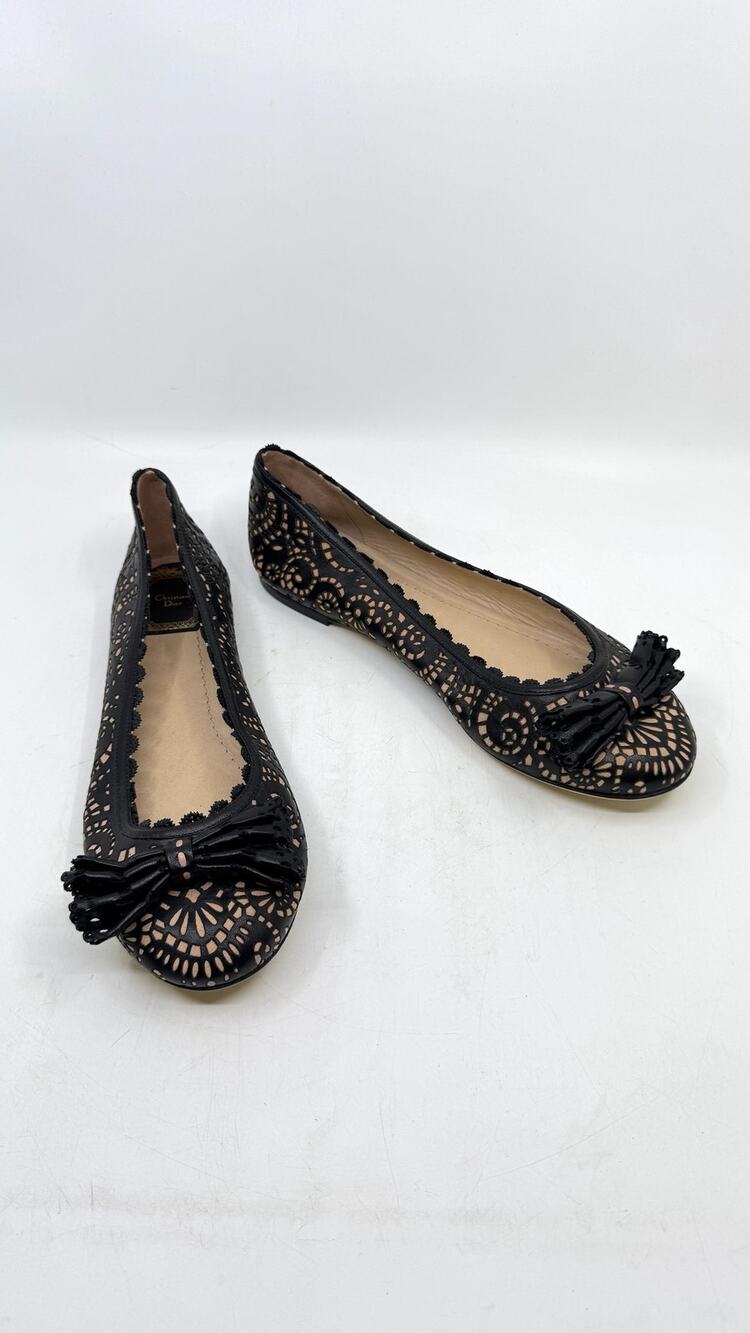 NWOT CHRISTIAN DIOR Laser Cut Leather-Lace Bow Ballet Flats